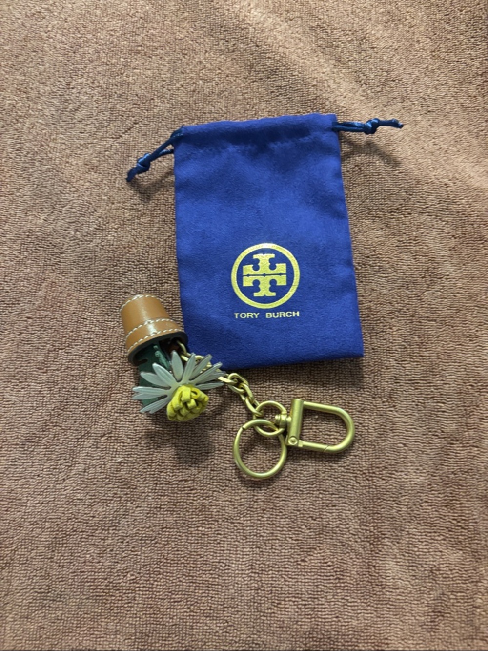 Tory Burch Royal Blue Logo Pouch with Daisy Leather Tassel Keychain